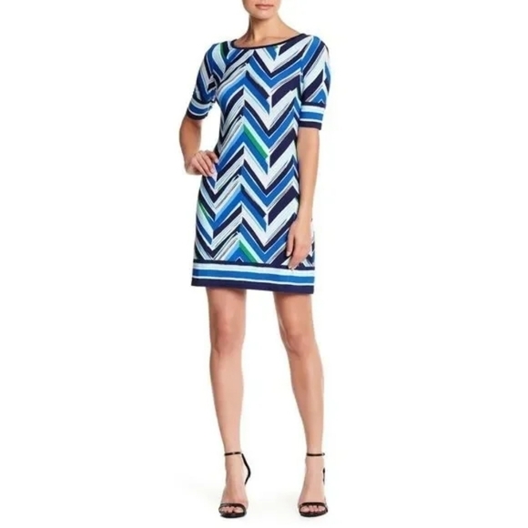 Eliza J Blue Half Sleeve Chevron Shift Dress - Picture 1 of 7